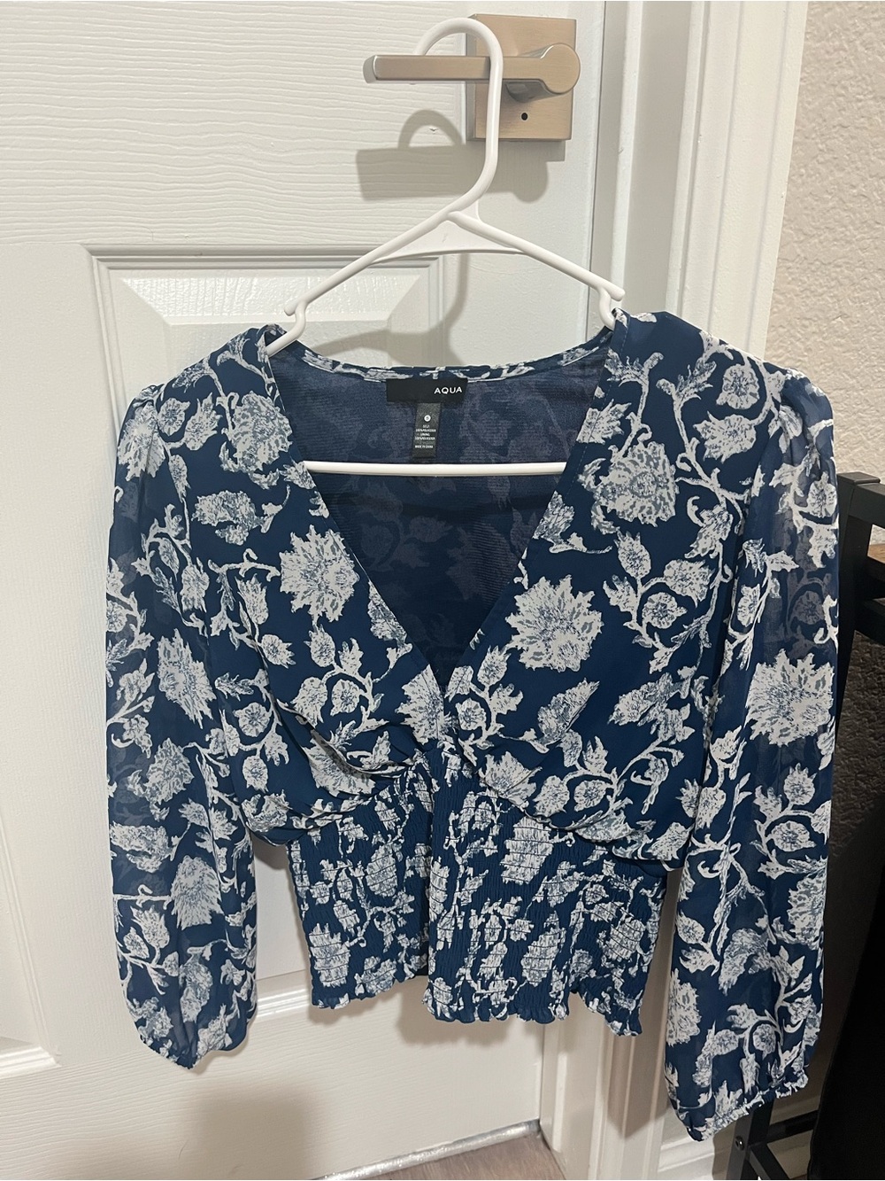 Aqua Navy and White Floral V-Neck Blouse